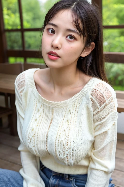 ((Best Quality)), ((masutepiece)), (Detailed), Perfect face、a 18 year old girl、Colossal tits、Knitted clothing、Cute、Plump lips、Natural Color Lip、Beautiful nipples