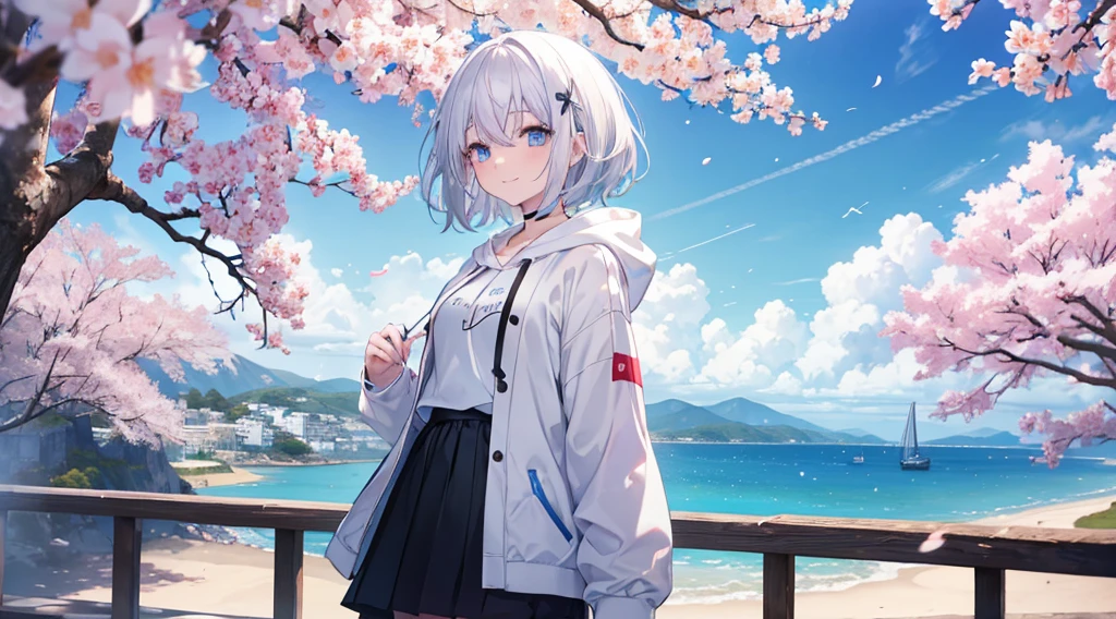 Ultra-high image quality,Look at viewers, hands behind back, girl with, 20 years old, Very short hair, long bangs between eyes, pale blue eyes, Hoodie, Skirt , Blue sky, Sunlight, Extremely detailed,(masterpiece、top-quality)、独奏、White hair、A smile、White skin as clear as snow、Fantastical, Silver hair, Black eyes, Beautiful eyes,, Ecstasy, charmed, be smitten with audience, Hoodie, White hoodie,a black skirt,Hair is short,Blue sky , Sunlight,fantastic landscape,Cherry blossom background,Sea view