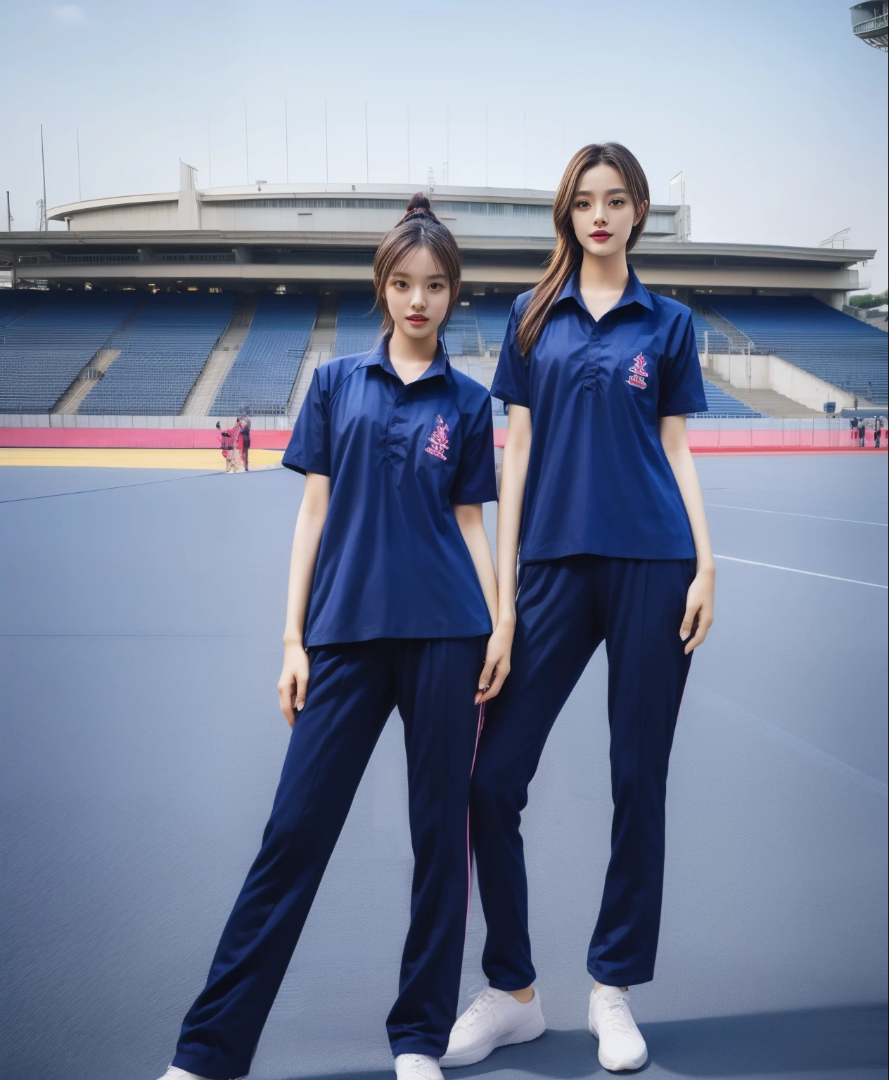 (bestquality,10,10,highres,masterpiece:1.2),ultra-detail,(Realistic,photorealistic portrait,photo-realistic:1.37),1 Cute girl in the football field,oily shiny skin,bara,light smile,BDclothes,((blue shirt:1.3)),short sleeves,shirt, trousers.,(navy_long_Pants Track:1.1), ((Stadium Background:1.3)),dynamic angle,excited,face focus,Dynamic Poses,from behide,Ass Focus,masterpiece, bestquality, ultra realistic, hyper-detail, 8k resolution, RAW photo, crisp focus, ((Navy blue shirt:1.1)), short sleeves, Long Path, Perfect body, 2 mature women, 18yo, cinematic light,Blue sweatpants,Gymware,Correct anatomy,Complete body, Correct body, sharp face, Anatomically correct body, full entire body, Realistic gestures, long-haired, Realistic poses,Wear long shorts...........................,Long leg span,Shapely,Sculpting Girl, Slender Figure, mannequin mannequins, Shapely, Beautiful body,Blue sweatpants, Two girls kissing
