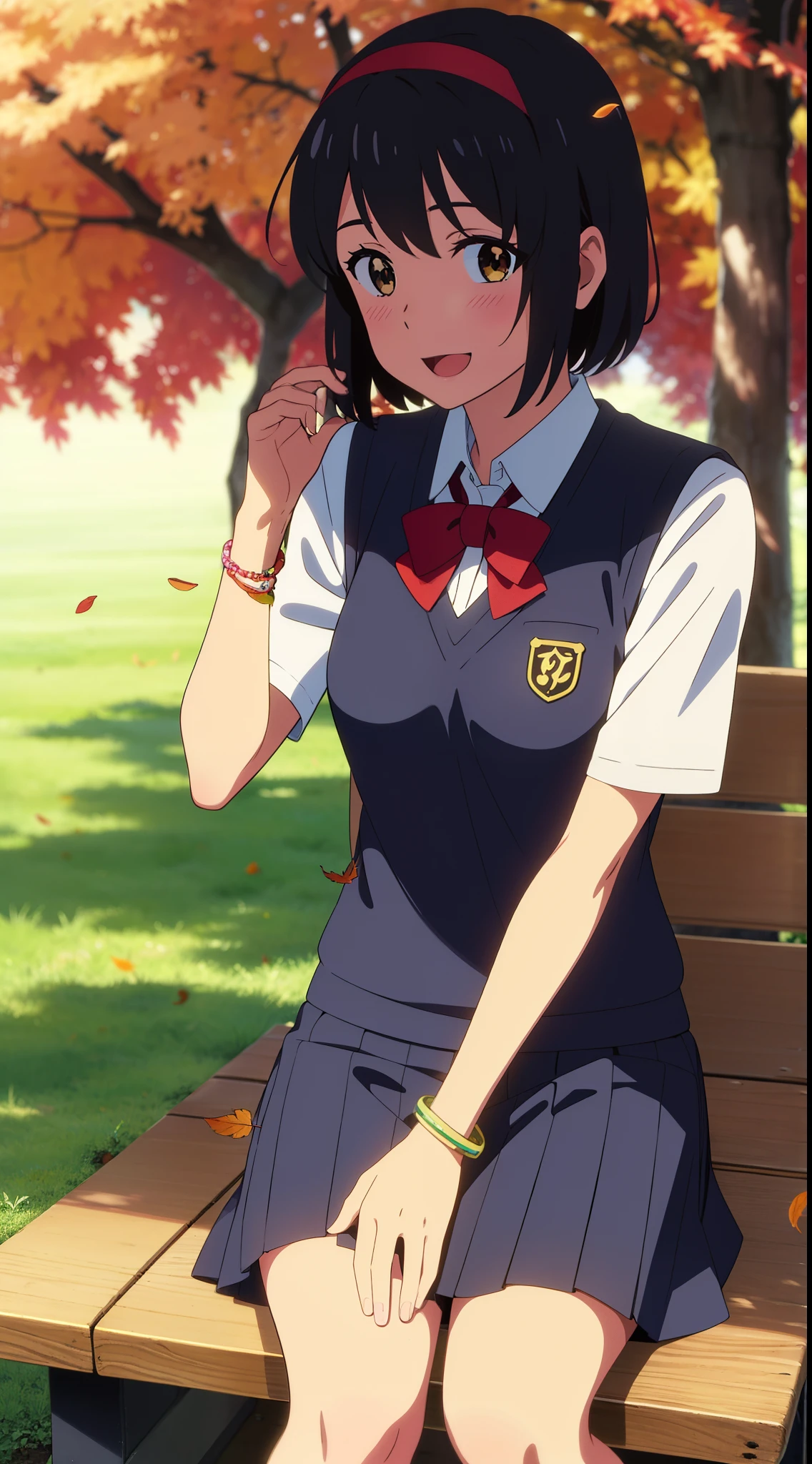 (masterpiece, best quality, high quality, highres, ultra-detailed), shinkai makoto, kimi no na wa., 1girl, bangs, black hair, blush, bright eyes, brown eyes, headband, looking at the viewer, red bow, red headband, red ribbon, school uniform, shirt, sweater vest, vest, white shirt, yellow sweater vest, yellow vest, skirt, blue skirt, short sleeves, short hair, medium breasts, solo, day, Outdoors, shiny skin, standing, shadow, smile, happy, :D, bracelet, upper-body, {{{{{{in autumn}}}}}}, maple tree, falling leaves, autumn scenery, warm color., beautiful, pretty, sitting, bench, {{{{fluttering leaves}}}}