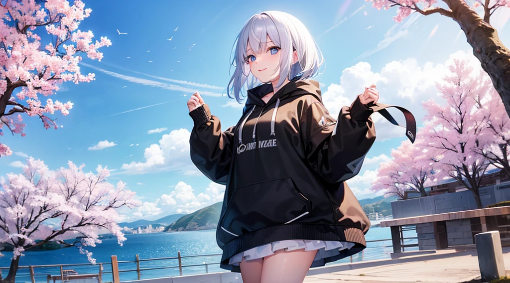 Ultra-high image quality,Look at viewers, hands behind back, girl with, 20 years old, Very short hair, long bangs between eyes, pale blue eyes, Hoodie, Skirt , Blue sky, Sunlight, Extremely detailed,(masterpiece、top-quality)、独奏、White hair、A smile、White skin as clear as snow、Fantastical, Silver hair, Black eyes, Beautiful eyes,, Ecstasy, charmed, be smitten with audience, Hoodie, White hoodie,a black skirt,Hair is short,Blue sky , Sunlight,fantastic landscape,Cherry blossom background,Sea view