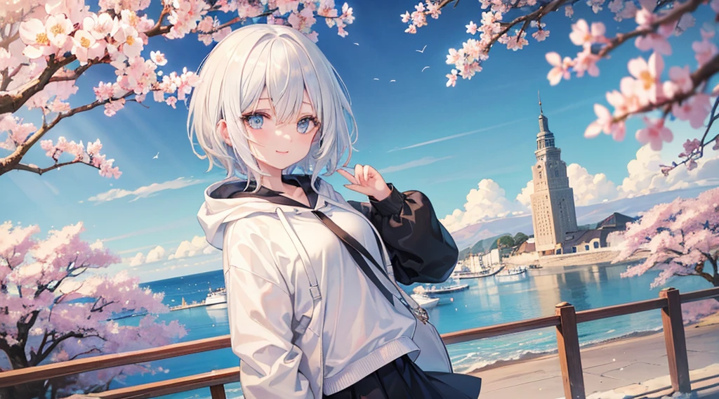 Ultra-high image quality,Look at viewers, hands behind back, girl with, 20 years old, Very short hair, long bangs between eyes, pale blue eyes, Hoodie, Skirt , Blue sky, Sunlight, Extremely detailed,(masterpiece、top-quality)、独奏、White hair、A smile、White skin as clear as snow、Fantastical, Silver hair, Black eyes, Beautiful eyes,, Ecstasy, charmed, be smitten with audience, Hoodie, White hoodie,a black skirt,Hair is short,Blue sky , Sunlight,fantastic landscape,Cherry blossom background,Sea view
