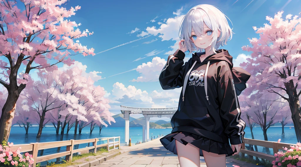 Ultra-high image quality,Look at viewers, hands behind back, girl with, 20 years old, Very short hair, long bangs between eyes, pale blue eyes, Hoodie, Skirt , Blue sky, Sunlight, Extremely detailed,(masterpiece、top-quality)、独奏、White hair、A smile、White skin as clear as snow、Fantastical, Silver hair, Black eyes, Beautiful eyes,, Ecstasy, charmed, be smitten with audience, Hoodie, White hoodie,a black skirt,Hair is short,Blue sky , Sunlight,fantastic landscape,Cherry blossom background,Sea view