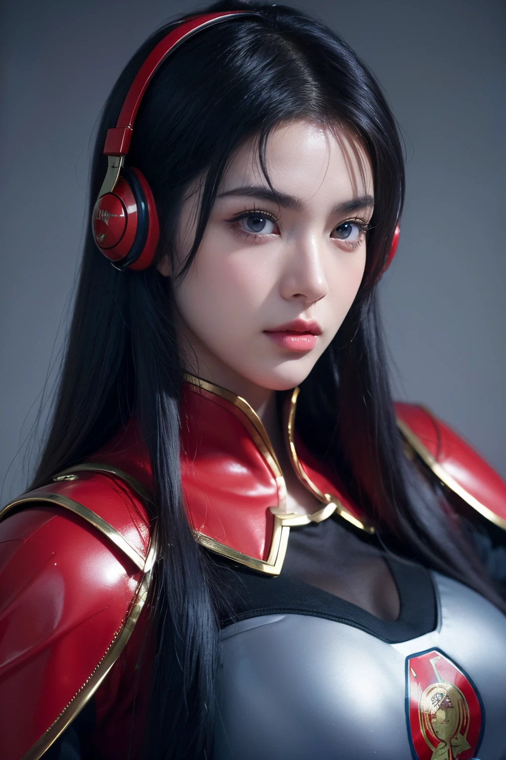 tmasterpiece,Best quality at best,A high resolution,8K,(portrait),(Close up of avatar),(RAW photogr),real photograph,digital photography,(Female soldier in modern realistic style),19 year old girl,long whitr hair,By bangs,(Blue and red gradient hair),(Red eyes),Serious and charming,cleavage,A plump chest,badges,simple clothing patterns,Tech headphones,Red cape,Keep your mouth shut,(girl soldier),Photo pose,Realistic,gray world background,oc render reflection texture