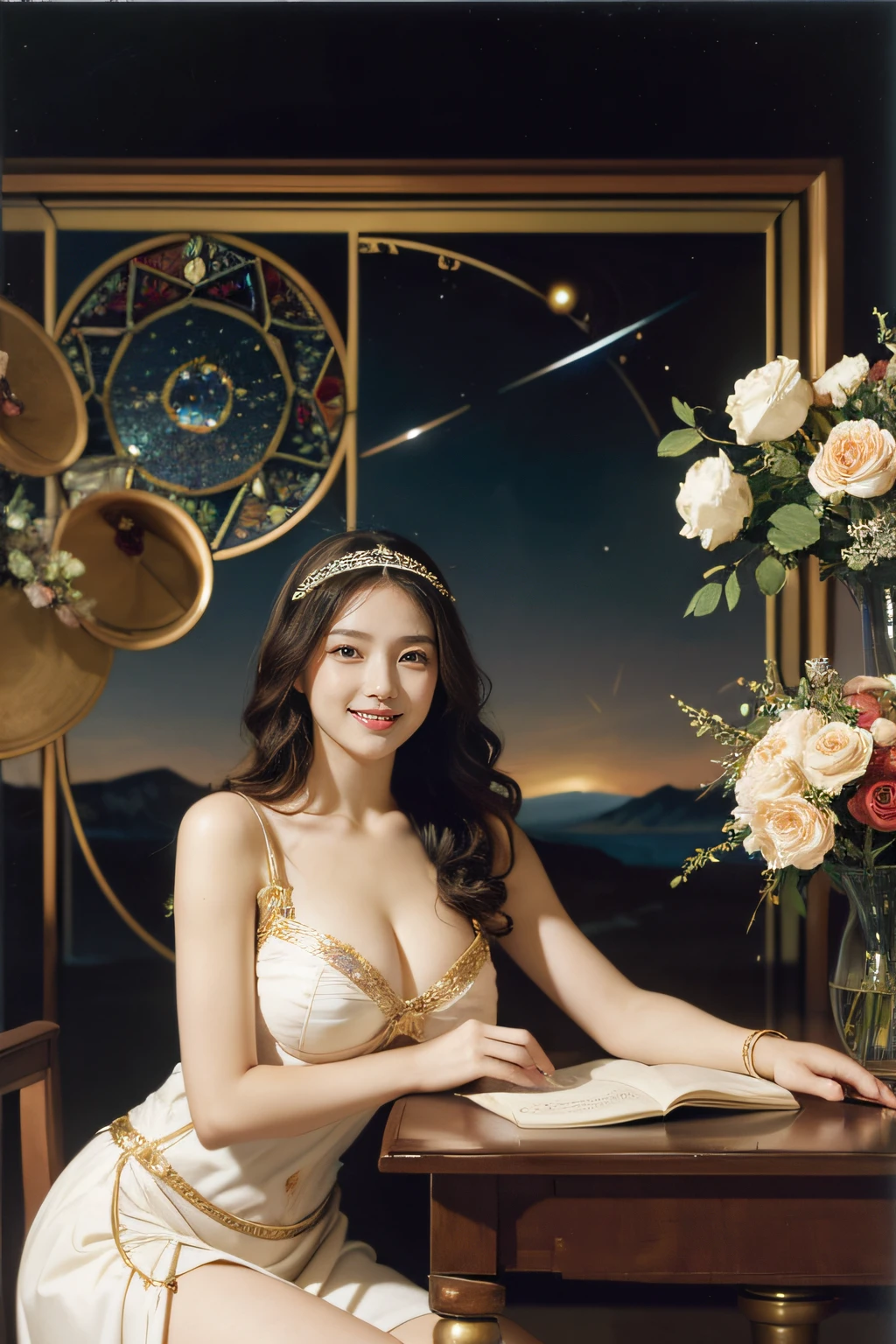 Geometry,stain glass,12 zodiac signs,Vigée Leblanc style,Math、Astronomical utensils,astronault,Roses in a vase,fruits,cute little,A smile,Ancient Greek costumes,Paintings by Sandro Botticelli,Costume with stretched shoulders,huge smile,large full breasts,Ecstasy expression,A sexy,Beautiful bare skin