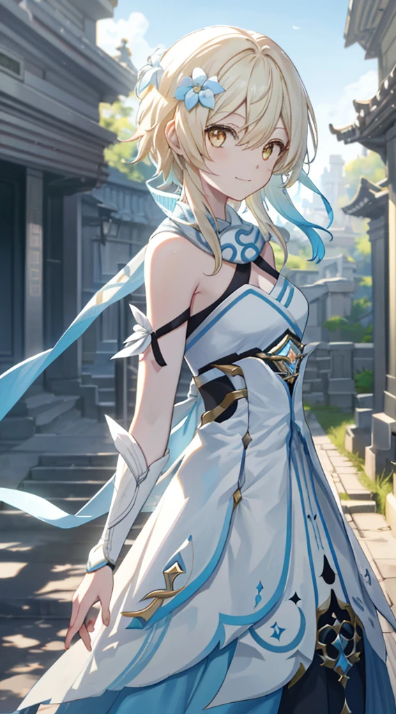 luminedef, The upper part of the body, ssmile, Be red in the face, exteriors, daysies, simple backgound, blue-sky, short detailed hair, Skysky, temple, looking at viewert, stairways, mont, moody light,Genre painting