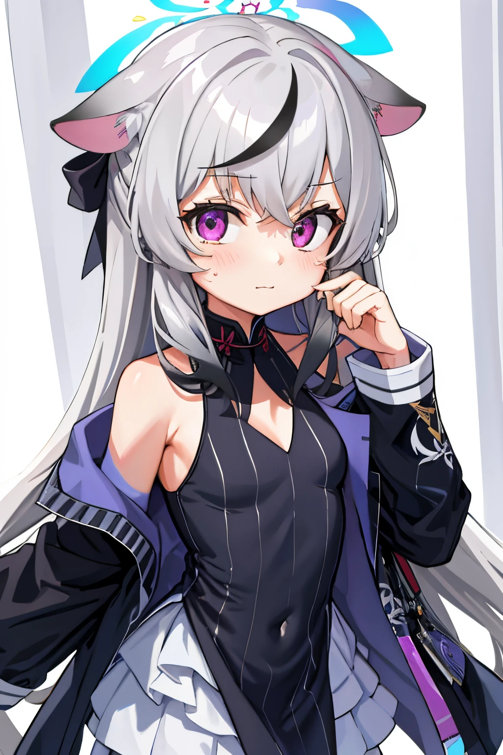 tmasterpiece, best qualtiy, ultra - detailed, 1girll,Gray hair Kokona, inside in room, Purple eye, :3,the face, closeup cleavage, with headphones, in the room