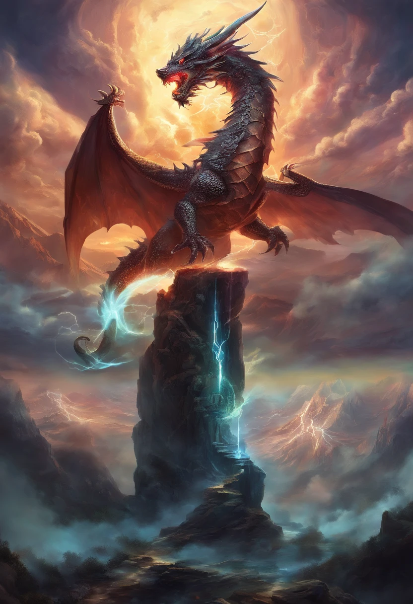 (Masterpiece, High Quality, HD, Detail: 1.3)A divine sword was inserted in the stone, engraved with ancient runes, emitting light and lightning, and the sword was wrapped around the dragon's body, with the shadow of a dragon. Surrounded by mountains, thunder and lightning.