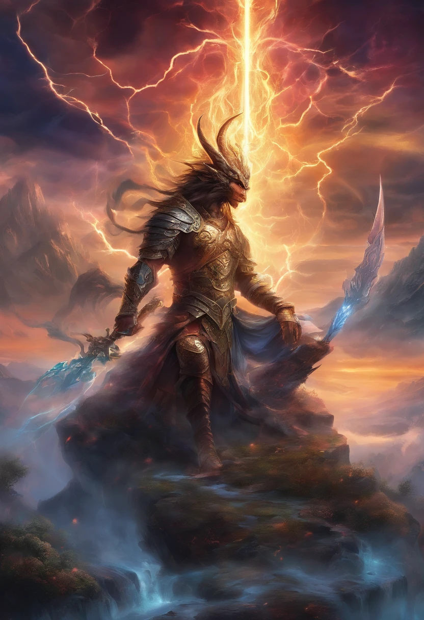 (Masterpiece, High Quality, HD, Detail: 1.3)A divine sword was inserted in the stone, engraved with ancient runes, emitting light and lightning, and the sword was wrapped around the dragon's body, with the shadow of a dragon. Surrounded by mountains, thunder and lightning.