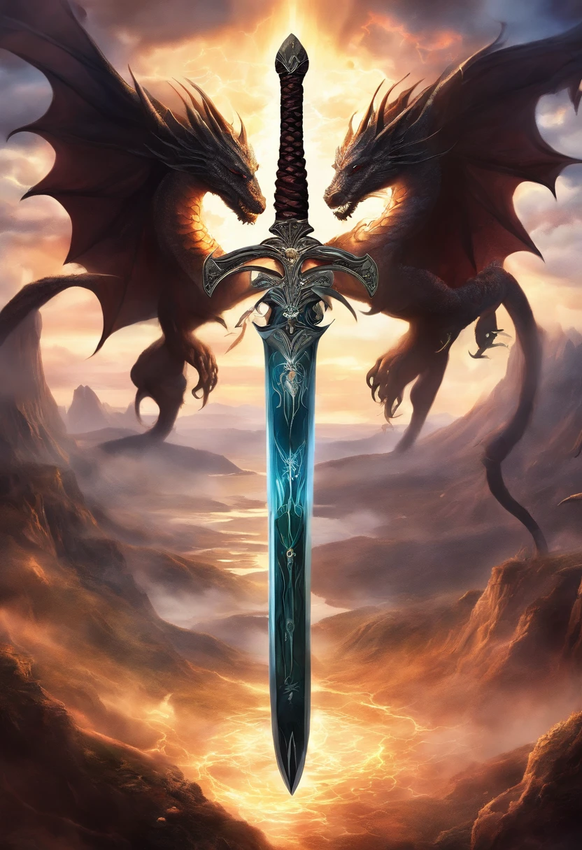 (Masterpiece, High Quality, HD, Detail: 1.3)A divine sword was inserted in the stone, engraved with ancient runes, emitting light and lightning, and the sword was wrapped around the dragon's body, with the shadow of a dragon. Surrounded by mountains, thunder and lightning.