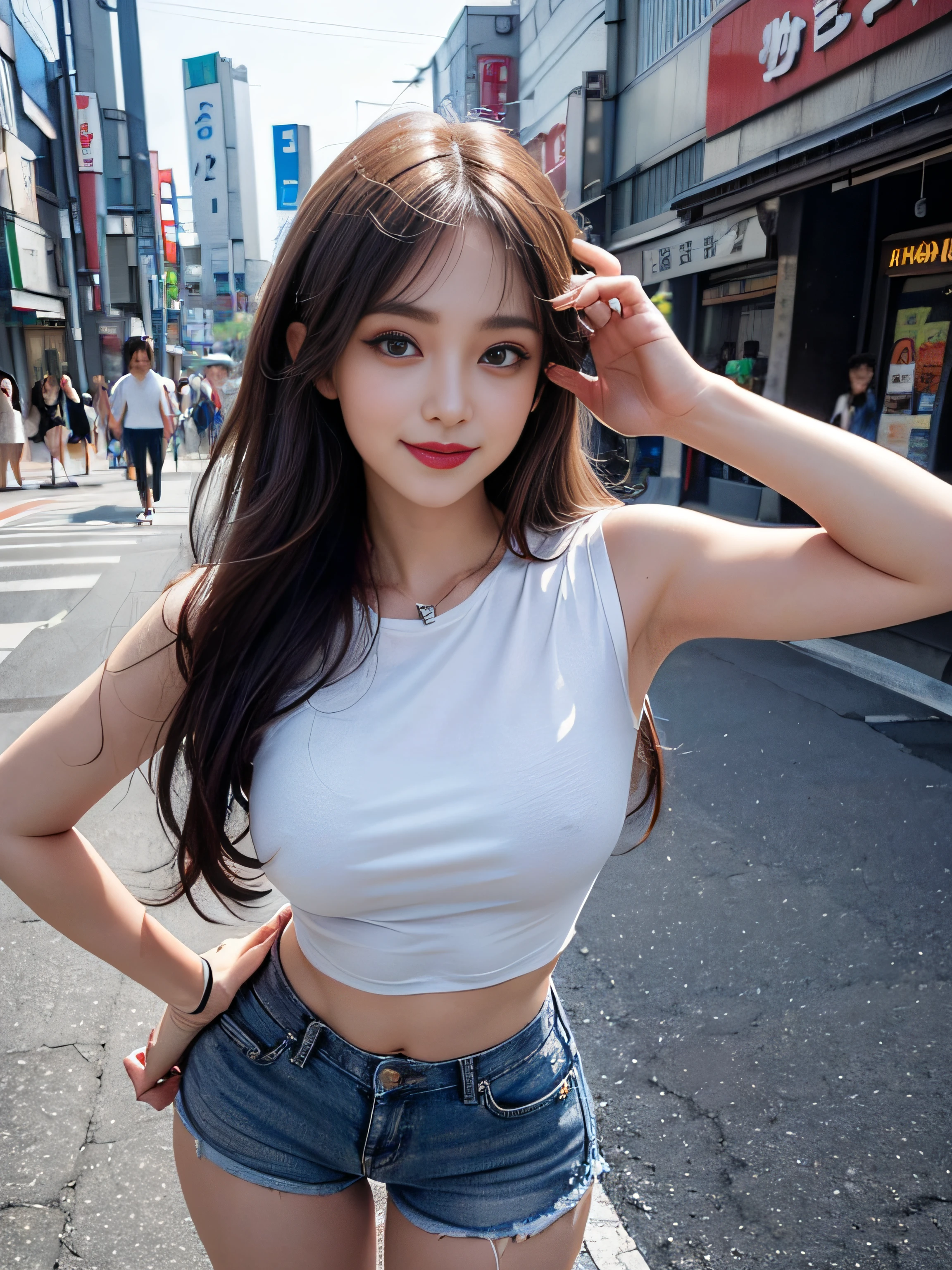 (master piece:1.5),(8K high image quality), (top-quality), (RAW image quality), (Very bright photos), (Photographed by a professional photographer)),largeeyes,long eyelasher,,The Ultimate Face,face realistic light,Clear facial features,milky skin, Realistic skin details,),Best portraits,Close-range shooting, only one adult female, (Adult beauties,30-years old),Beautiful detailed eyes, beautiful detailed nose ,(Beautiful face with double eyelids), (3/4 Length),(30-years old),(Beautiful Face 1.4),A slender,(Please wear short T-shirts and hot pants:1.2),((Make your audience smile)),Straight long hair,Lame around the eyes,lipsticks,耳环,((The color of the short T-shirt is white.)),Very beautiful legs,(((On the streets of Tokyo,))),((Smile at your audience)),Very simple short T-shirt and hot pants.,Smile without opening your mouth,((Shooting angle from the front)),,Undersized breasts,(Make eye contact with your audience),(stand up),Very beautiful figure,((Assuming Seductive Poses)),(Standing),(No bra,Prominent nipples),Small,(This is an armpit-showing pose,realistic armpit,Show your side)