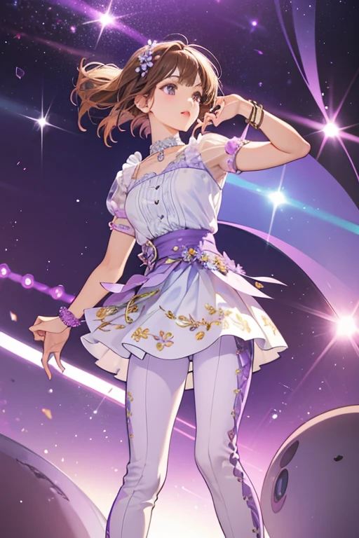 Penny has fair skin and short brown hair adorned by a lavender flower clip. She wears a short white dress with light purple trims and light purple floral sequins on the skirt, purple rubber bracelet, light purple pants, and white sneakers with purple laces.