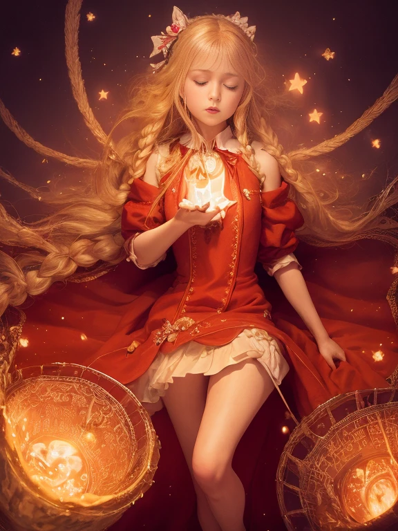 1girl, solo, full body, (masterpiece:1.21), (best quality:1.2), colorful, (illustration:1.2), (cinematic lighting:1.1), short peasant medieval dress, floating dress, magic lights, levitating, genitalia visible, no panties , blonde hair with braids, floating hair, magical lights in her hands, closed eyes, focus expression