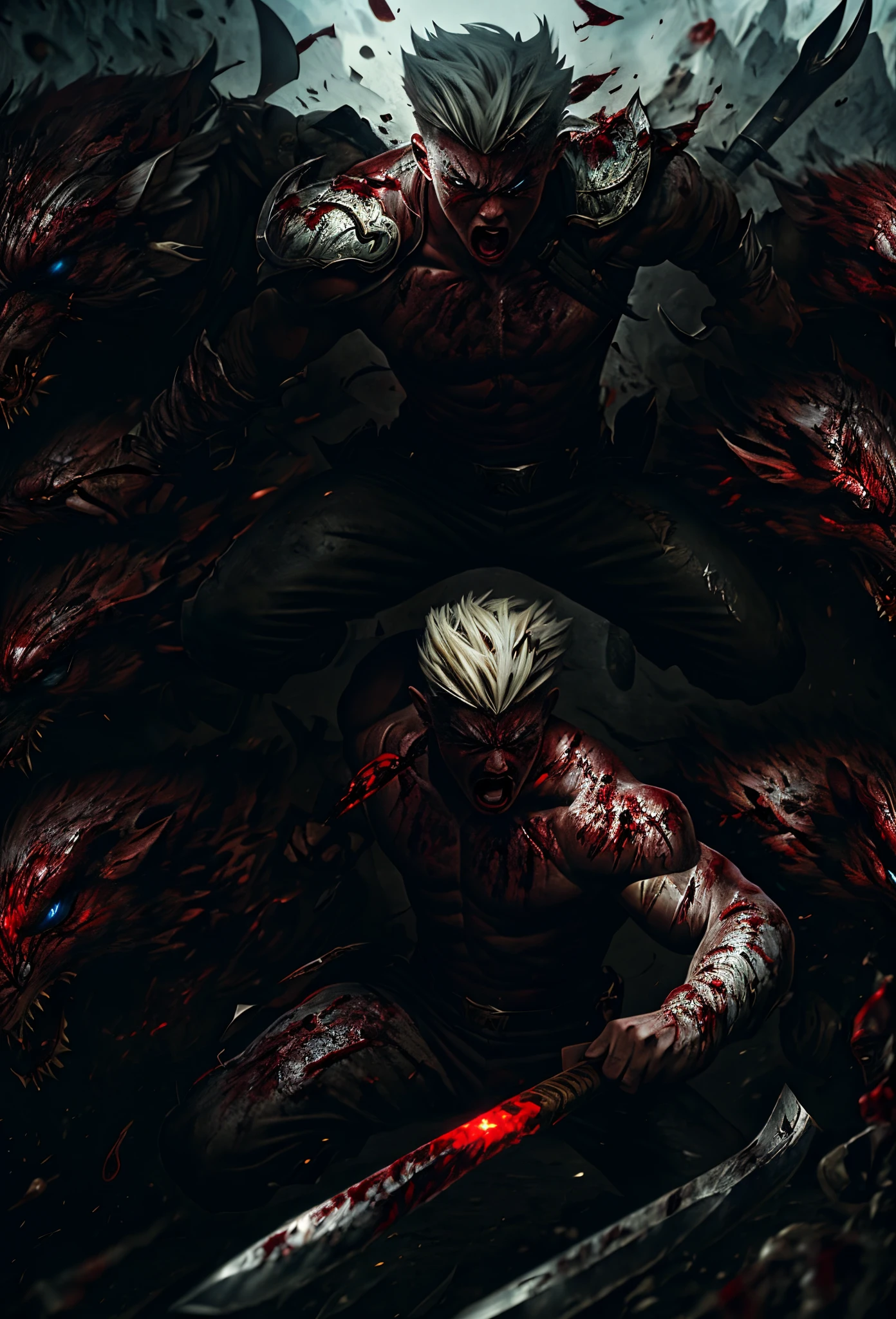 Scandinavian, anime boy, raging, covered in blood, high resolution, angry, holding a weapon, surrounded by enemies,