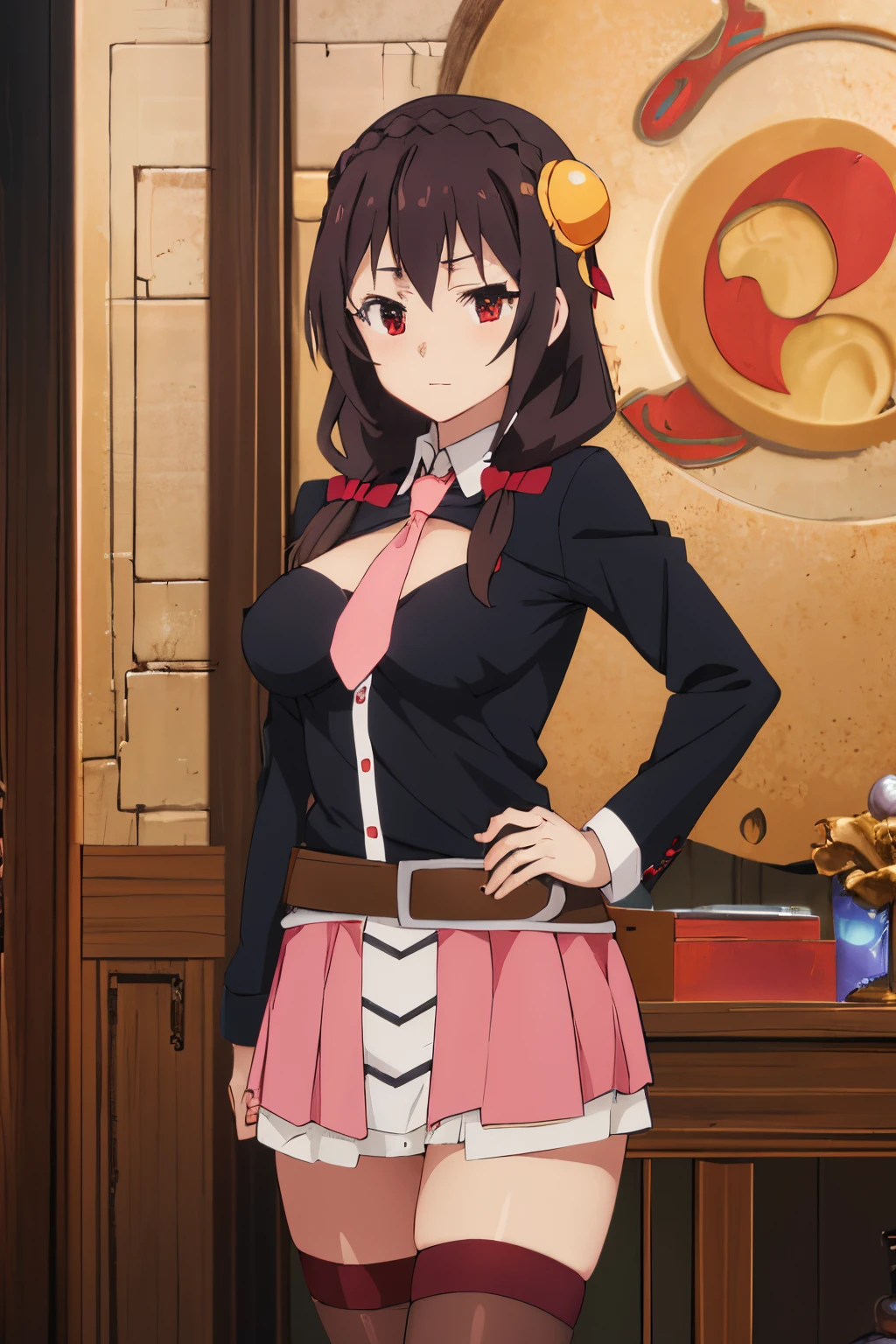 masterpiece, best quality, high resolution, yunyun1, 1 girl, red eyes, solo, thigh highs, tie, skirt, braid, long hair, pink tie, big breasts, belt, hair ornament, black hair, bun hair , braided crown, long sleeves, brown hair, two pigtails, cowboy shot,