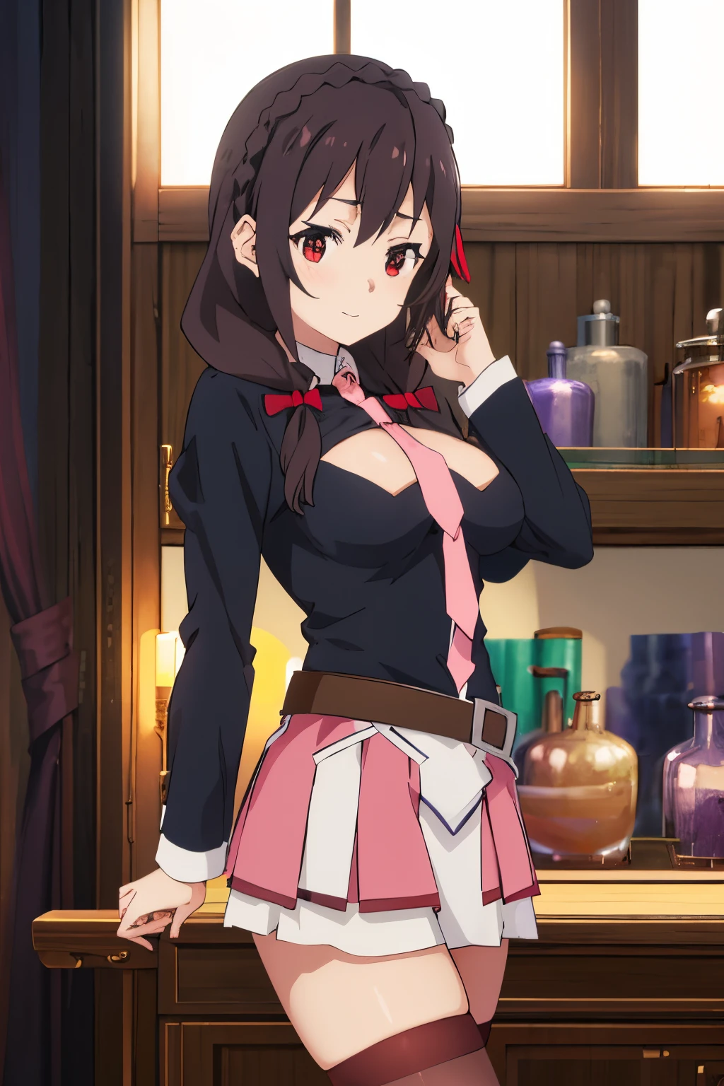 masterpiece, best quality, high resolution, yunyun1, 1 girl, red eyes, solo, thigh highs, tie, skirt, braid, long hair, pink tie, big breasts, belt, hair ornament, black hair, bun hair , braided crown, long sleeves, brown hair, two pigtails, cowboy shot,