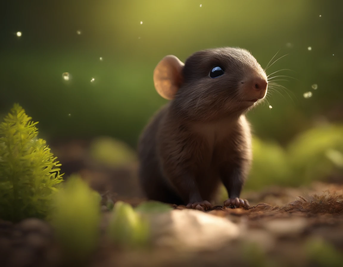 close-up of cute little fireflies, illuminating the bush, detailed picture, cgsociety, detailed painting, artstation hd, higly detailed, cgsociety, photo realism, ConceptArt, artstation hd, official arts, bokeh  ,(CBZBB:1.25),gremlin, gremlin, looks like a mole, ((Ez idna)), in a clearing under an oak tree, holding a large acorn in his paws, CBZBB,Cute, Small, , Beautiful, Fantasy art, deviant art, trending artstation, Digital Art, Detailed, Realistic, humanoid, character, tiny, Cinematic shot, cinematic portrait of a mole, cute character, looks like a mole,