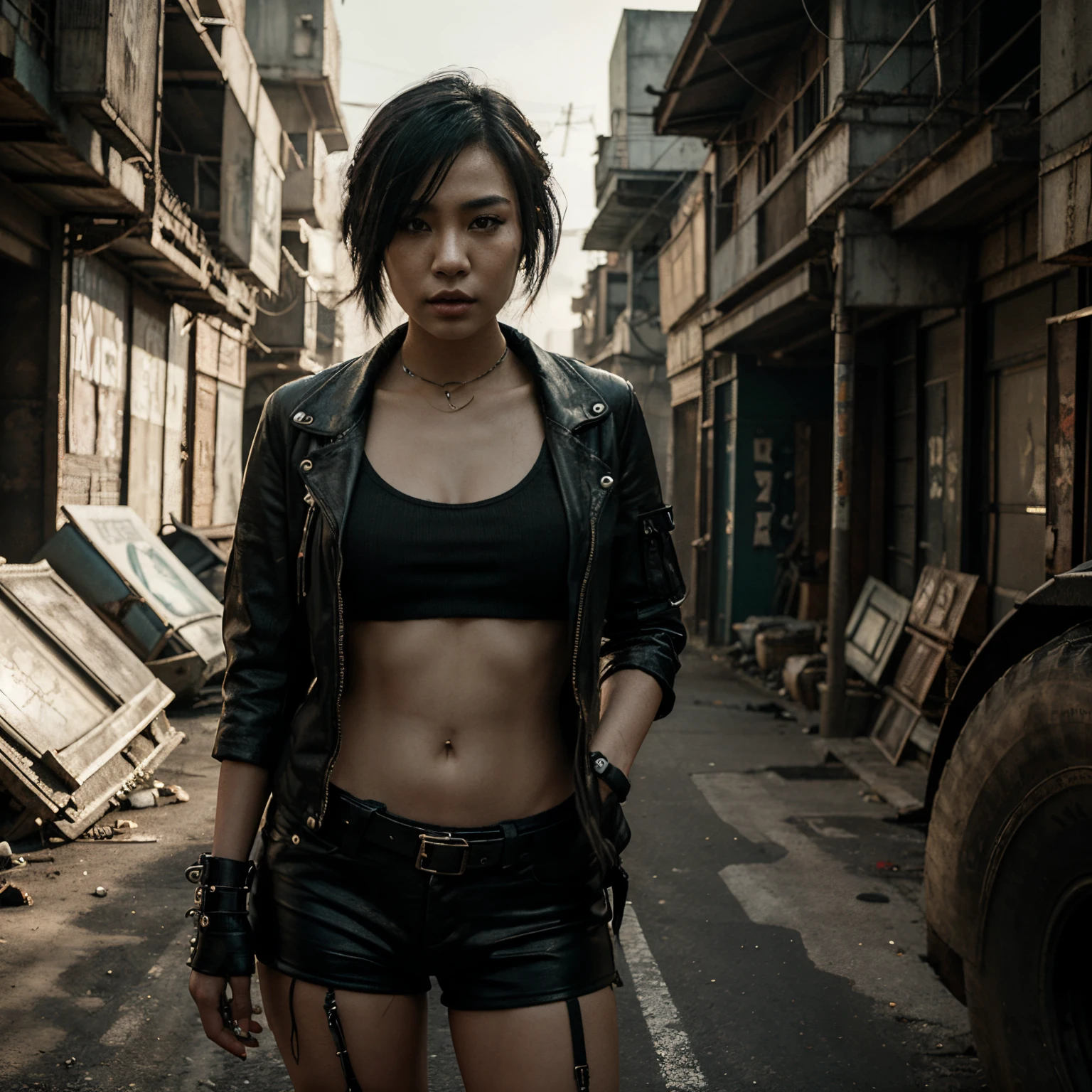 portrait 1 very very beautiful and shapely young asian woman ,realistic, complex background  punk, mad max , futuristic short reavealing clothes, post-apocalyptic, dark, dim light, ((masterpiece, best quality, )),