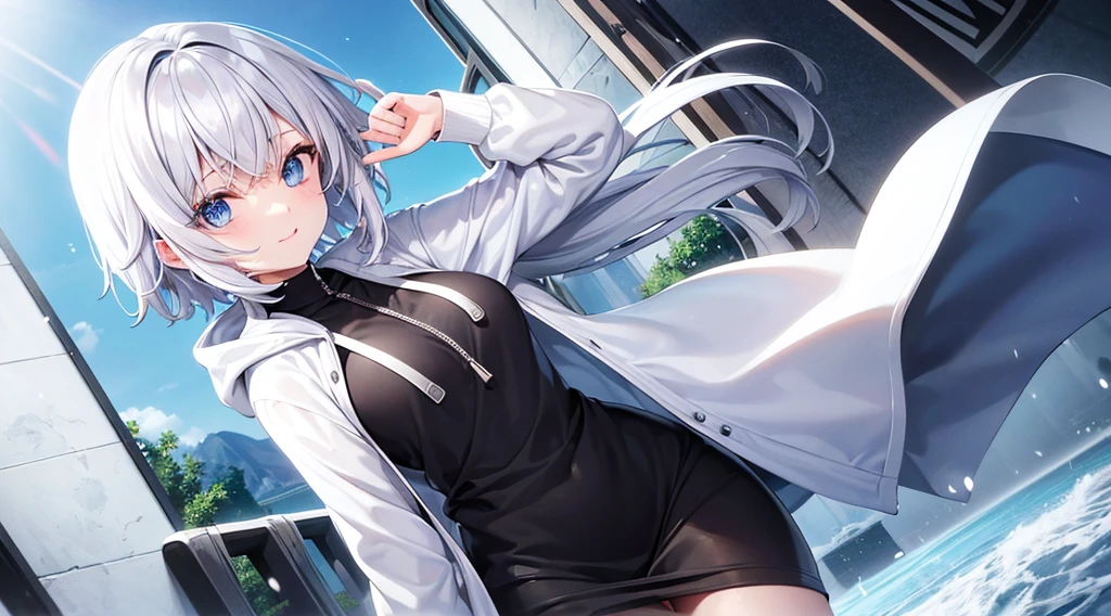 Ultra-high image quality,Look at viewers, hands behind back, girl with, 20 years old, Very short hair, long bangs between eyes, pale blue eyes, Hoodie, Skirt , Blue sky, Sunlight, Extremely detailed,(masterpiece、top-quality)、独奏、White hair、A smile、White skin as clear as snow、Fantastical, Silver hair, Black eyes, Beautiful eyes,, Ecstasy, charmed, be smitten with audience, Hoodie, White hoodie,a black skirt,Hair is short,Blue sky , Sunlight,fantastic landscape,