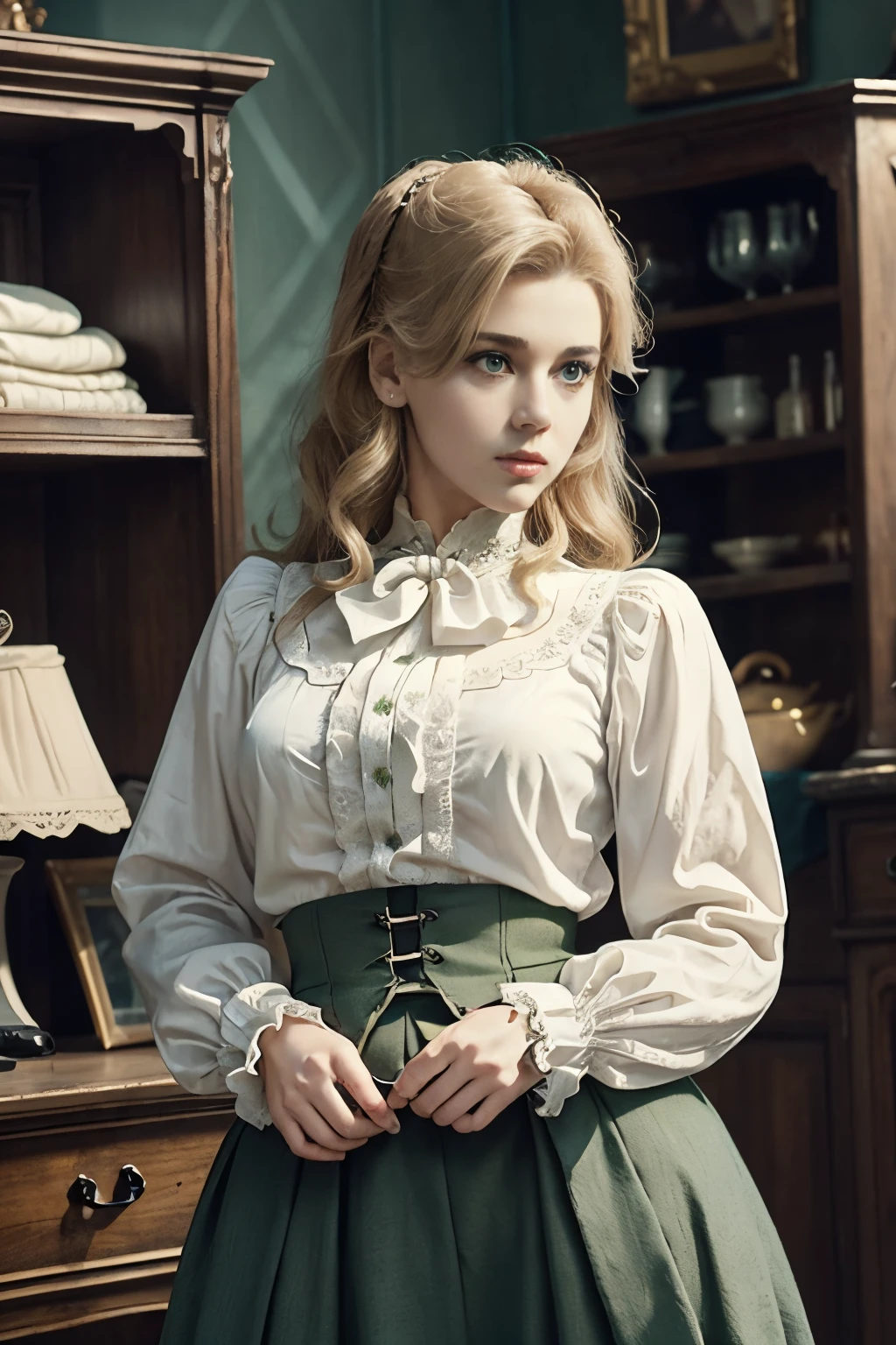 Masterpiece, ultra detailed, 8k, !(there is a beautiful blonde mature woman standing together in a room, white shirt and green skirt, victorian inspired clothing, vintage clothing, renaissance style, wearing a blouse, white blouse, inspired by Eliseu Visconti, high details on clothes, waist - shot, wearing a white blouse, beautiful details, victorian style costume, ornate dark green clothing, victorian clothing, satin)