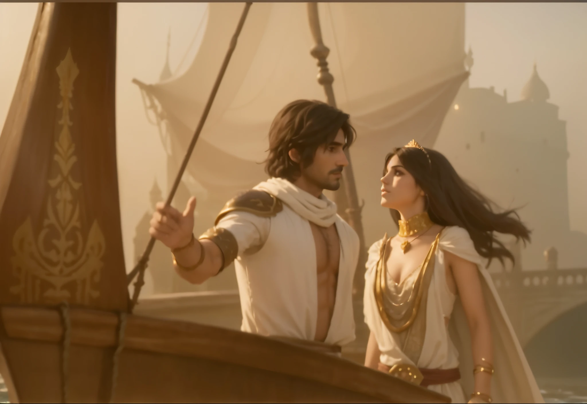The prince and princess on a boat based on the game Prince of Persia I want the picture to be very clear. Remove the fog and the picture will be clear