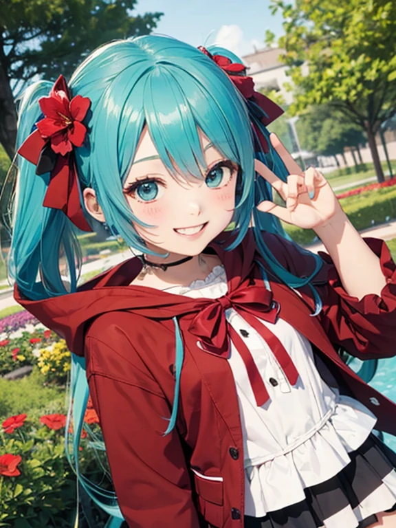 miku hatsune,10yaers old,red riding hood,Play party,Smiling smile,Flower garden
