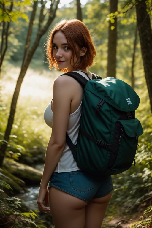 A beautiful 30 year old woman, (Brie Larson:Florence Pugh:0.5), 1girl, close-up, high detail face, head and neck jewelry, ((short hair)), ?????, stately manor home background, green eyes, orange hair, shy smile, freckles, redhead, beautiful girl, large breasts, detailed, 8k, HDR, shallow depth of field, wide light, high contrast, backlight, light flares, chromatic aberration, sharp focus, RAW color photo, looking at the camera, various poses, hiking in the woods, backpack, hiking shorts,