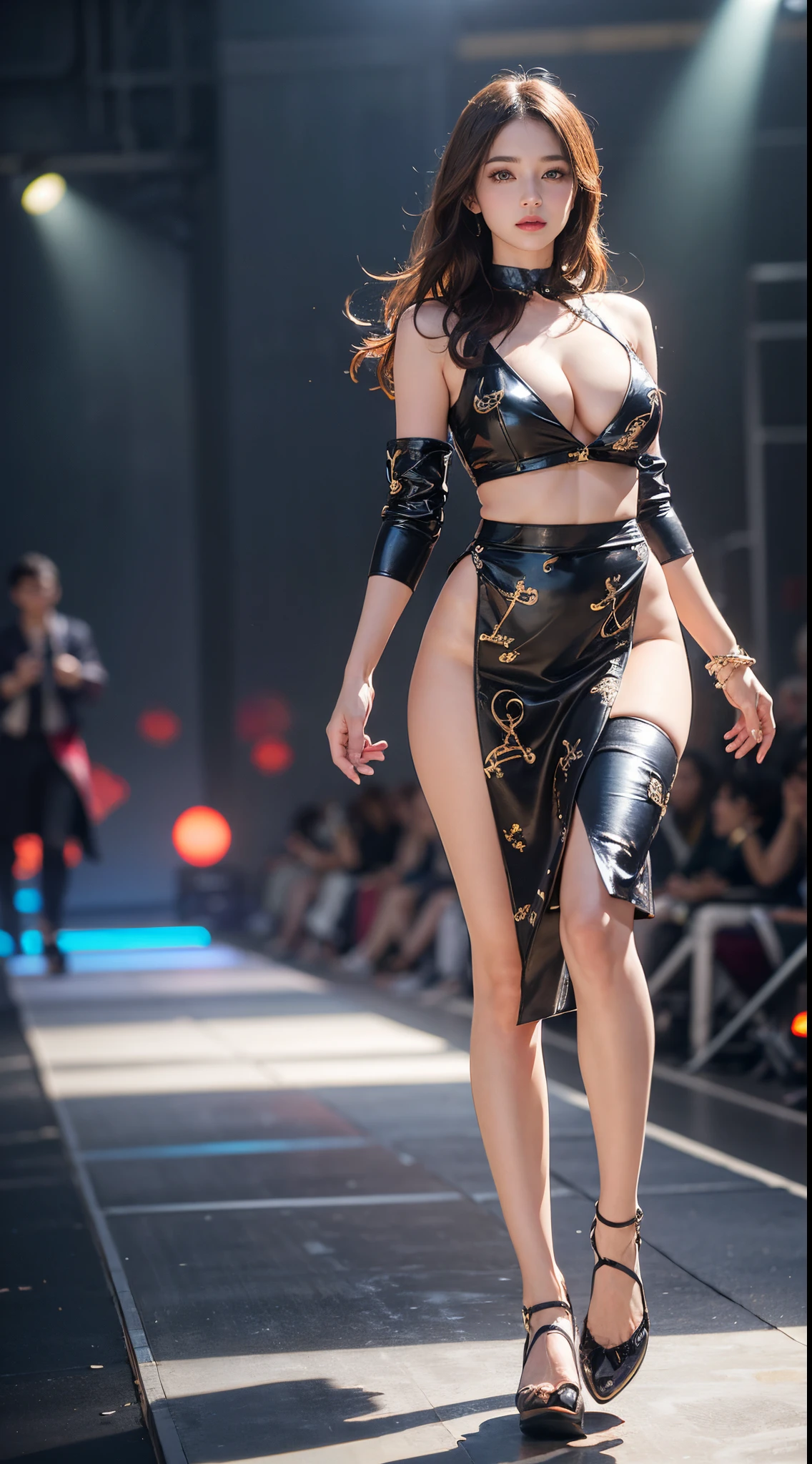 nsfw, 8k, best quality, highres, realistic, real person, A dynamic scene of a female model walking confidently down a runway, surrounded by a large audience under bright lights. The model is elegantly dressed in a high-fashion outfit, with the spotlight focused on her. She exudes confidence and grace as she strides forward. The audience is captivated, and the atmosphere is vibrant and glamorous, capturing the essence of a high-end fashion show. Anchor-print blouse, midi skirt, boat shoes, Big breasts, cleavage, beautiful legs, long beautiful legs, beautiful waist, exposed belly button