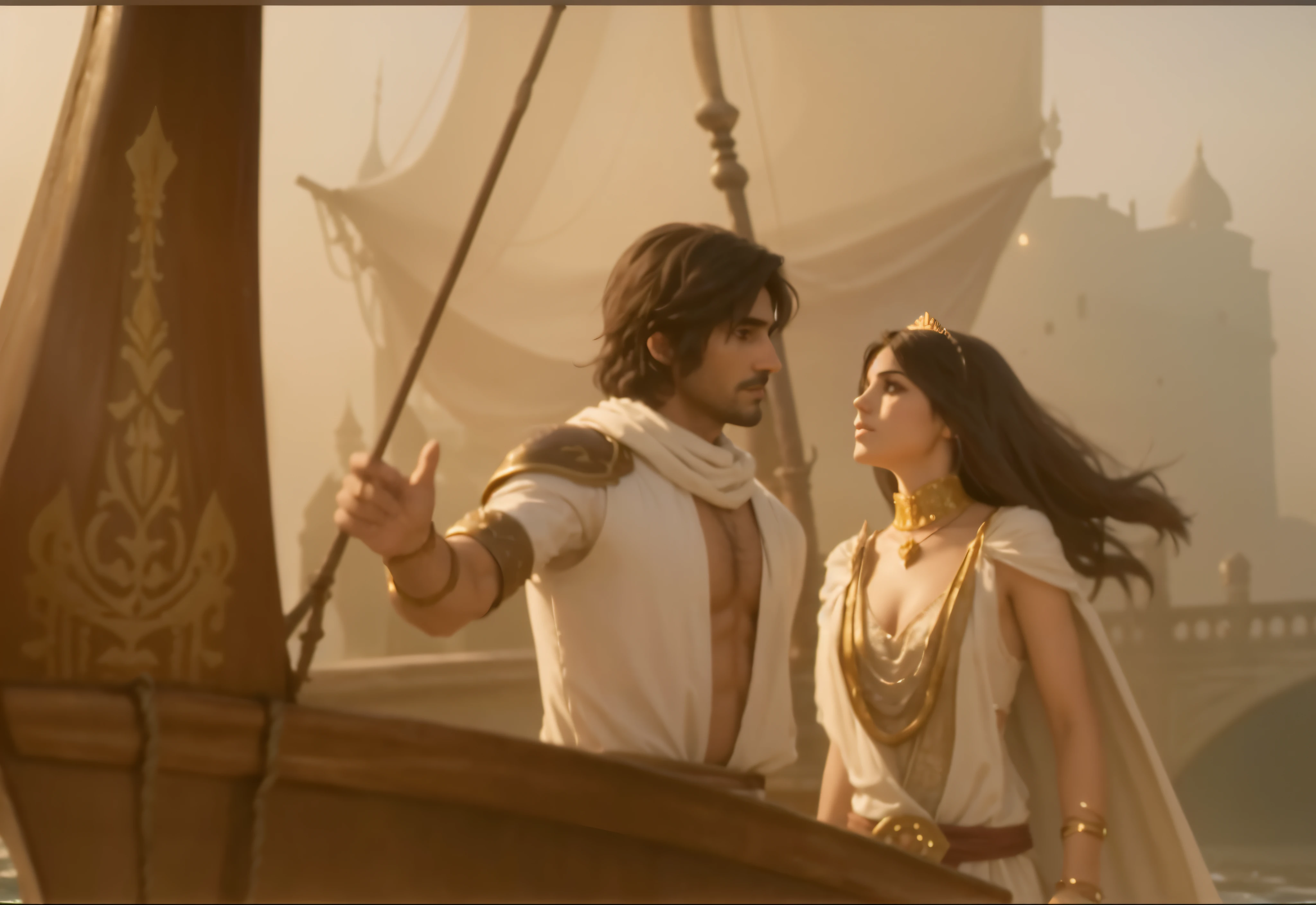 Le prince et la princesse sur un bateau basé sur le jeu Prince of Persia Je veux que l'image soit très claire. Retirez le brouillard et l'image sera claire