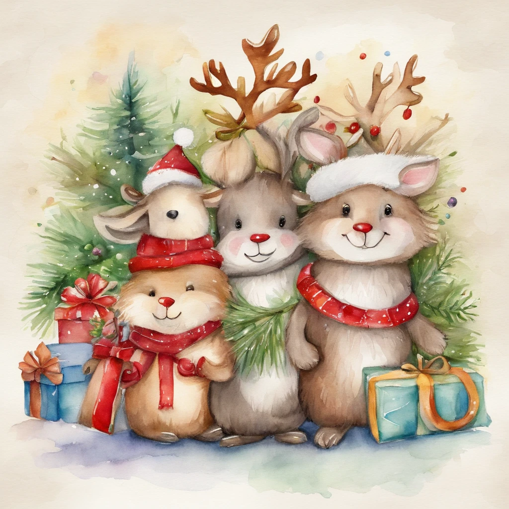 Christmas cute animals children Christmas illustration postcard style