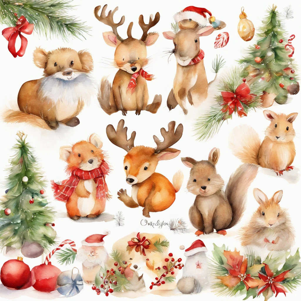 Christmas cute animals children Christmas illustration postcard style
