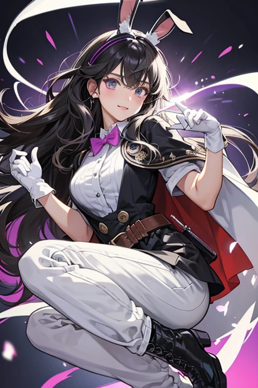 Ally Kabam has tanned skin and black wavy hair with a gray streak on her bangs. She wears a white top hat with a bright lilac band and the Magic & Mischief rabbit on the front, a black shirt with white sleeves and a white collar, a black and bright lilac cape tied in a knot in front, bright lilac pants with a black fanny pack over it, black shoes with gray laces and soles, and white gloves.