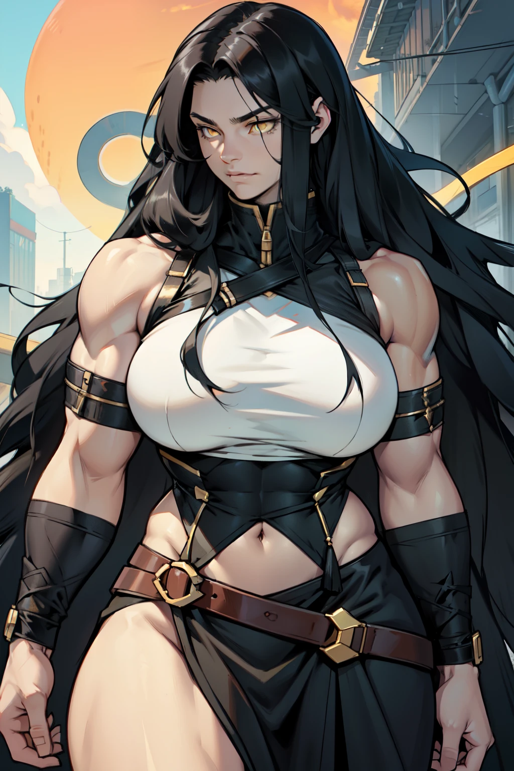 ((1 girl)) angry very long hair pale skin black hair yellow eyes ((muscular)) (huge breasts) by alfons mucha