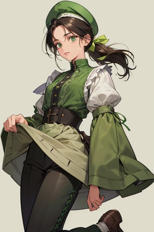 Amiria has tan skin, freckles below her eyes, and black hair. She wears a pale green blouse with a gray seed pattern and a light green collar, bottom trim, and sleeve ends, black pants, a brown beret that has a light green visor with stitches, and green and brown shoes, light green laces, and black soles.