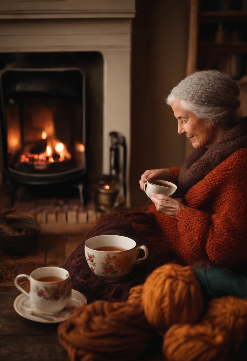 A snapshot of me knitting a cozy blanket by the fireside, with a cup of hot tea and a stack of old photographs next to me.,original,Like your grandma, female