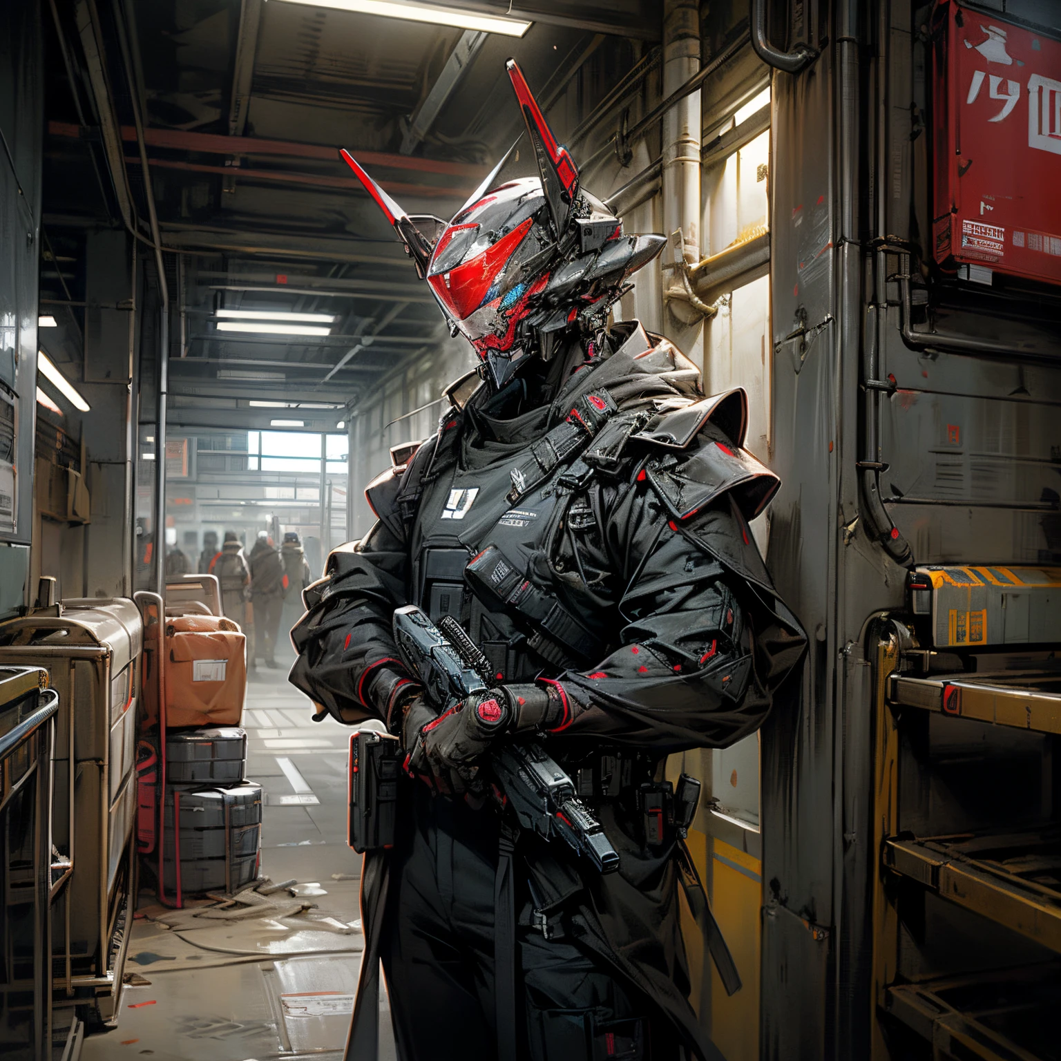 Robotic officer, guard, prison officer, holding a coil gun, professional, transporting prisoners, in a desert, scratched paint, serious, protective armor, mil-spec design, angular, red blue and black colors,