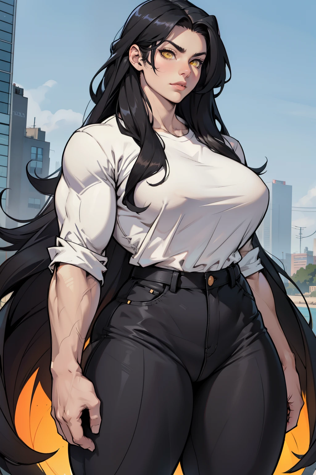 1 girl muscular girl pale skin muscular muscular muscular black hair yellow eyes huge breasts muscular muscular long hair long hair long hair long hair long hair long hair long hair long hair huge breasts long hair long hair long hair long hair muscular muscular long long long long long long long long long tight shirt tight pants from above above above