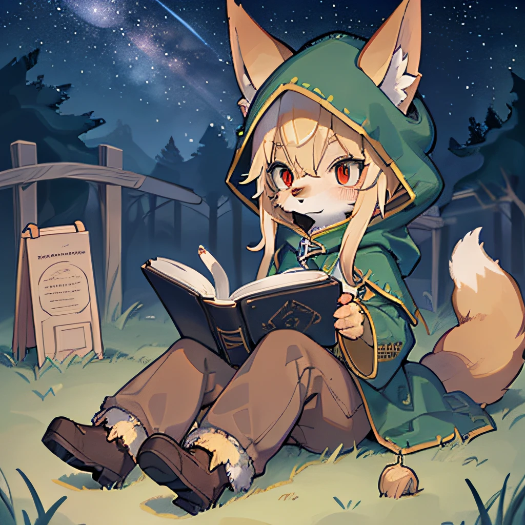1 fox boy, Shota, Shaggy, Skin fur, Golden fur, Golden yellow face fur, Long Blonde Hair, Eyes have light, Red Eyes, Green coat with green hood on, Brown pants, Read magic books, Ultra-fine fur, fluffy tail, (Solo), Full body, Starry sky, meteors