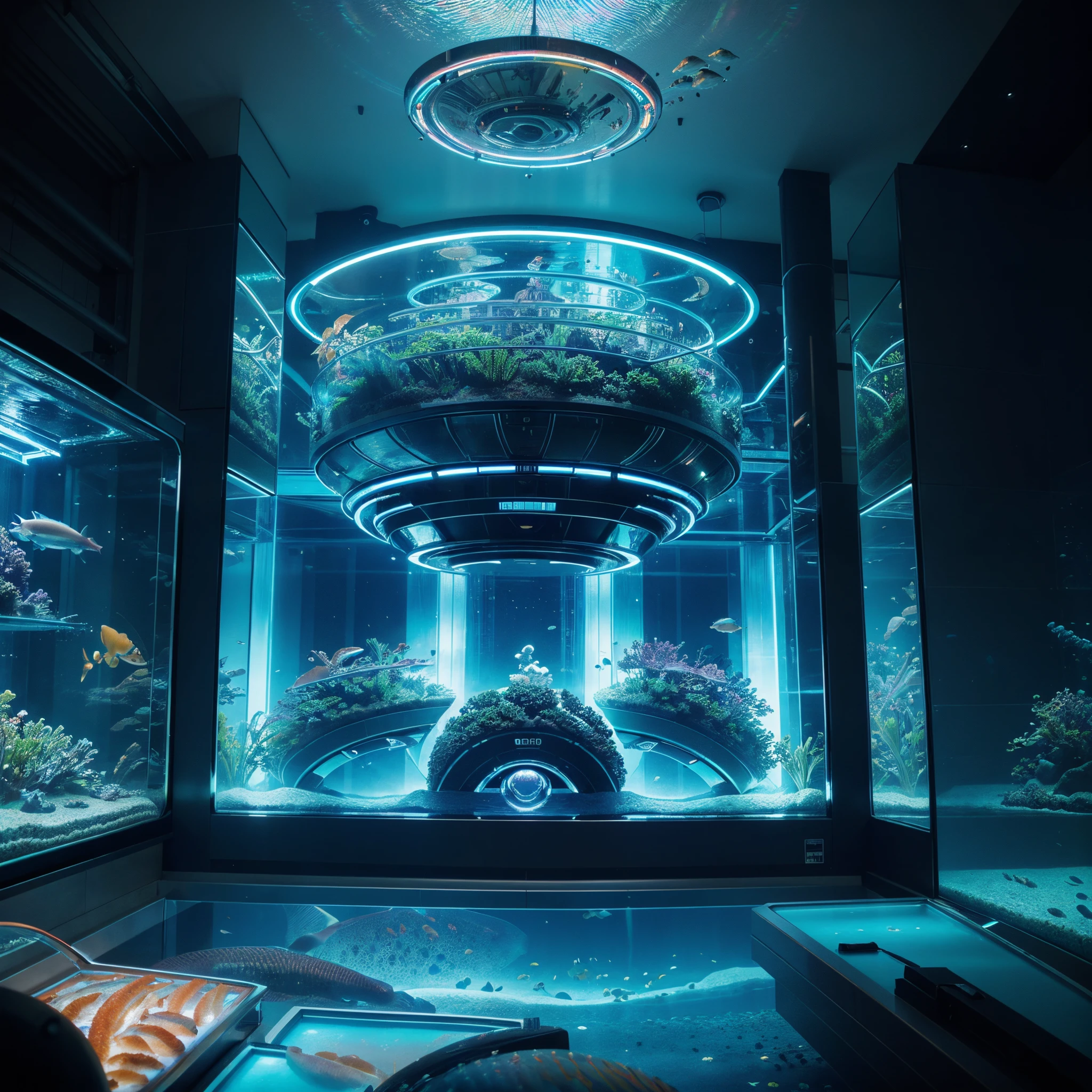 Wide angle shot of a Futuristic aquarium  full of different types of fish, lights in the aquarium shining a beautiful and vibrant light with iridescent light, cosmic art, cinematic scene, artgerm style, 32k, ultra HD, unreal engine rendered, hyper-realistic  image, sci-fi art, afrofuturism