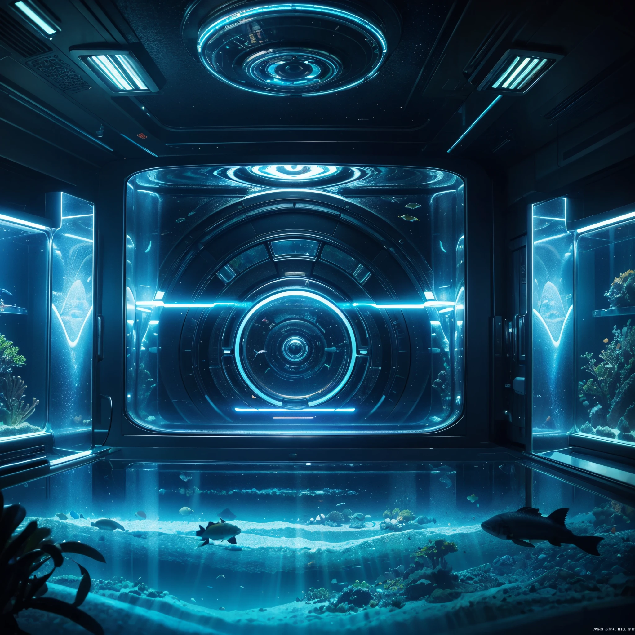 Wide angle shot of a Futuristic aquarium full of different types of fish, lights in the aquarium shining a beautiful and vibrant light with iridescent light, cosmic art, cinematic scene, artgerm style, 32k, ultra HD, unreal engine rendered, hyper-realistic image, sci-fi art, afrofuturism