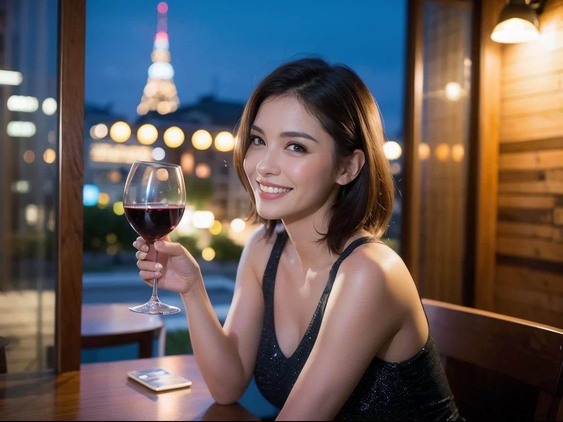 (64K, UHD, top quality, masterpiece: 1.2), (realistic, photorealistic: 1.37), super detailed, pretty woman 1 person, (slim face), (slim body), (brown hair), (short cut), cheeks slightly blushing, (41 years old), 38 years old, solo, outside the window is a beautiful detailed urban night view, restaurant, wine glasses sit, at night, in a prominent place (from the waist up) NovaFrogStyle, Actress, Model, Waist Up, White Wine, Slim, Wine Glass, Super Clean Night View, Wine Glass Put in the Middle, Happy Smile, (Smile: 1.15), Beautiful Fine Eyes, Upper Body, Bust Japan Up, Night, Short, Short, Actress, Model, Waist Up, White Wine, Slim, Wine Glass, Super Clean Night View, Wine Glass Put in the Middle, Happy Smile,