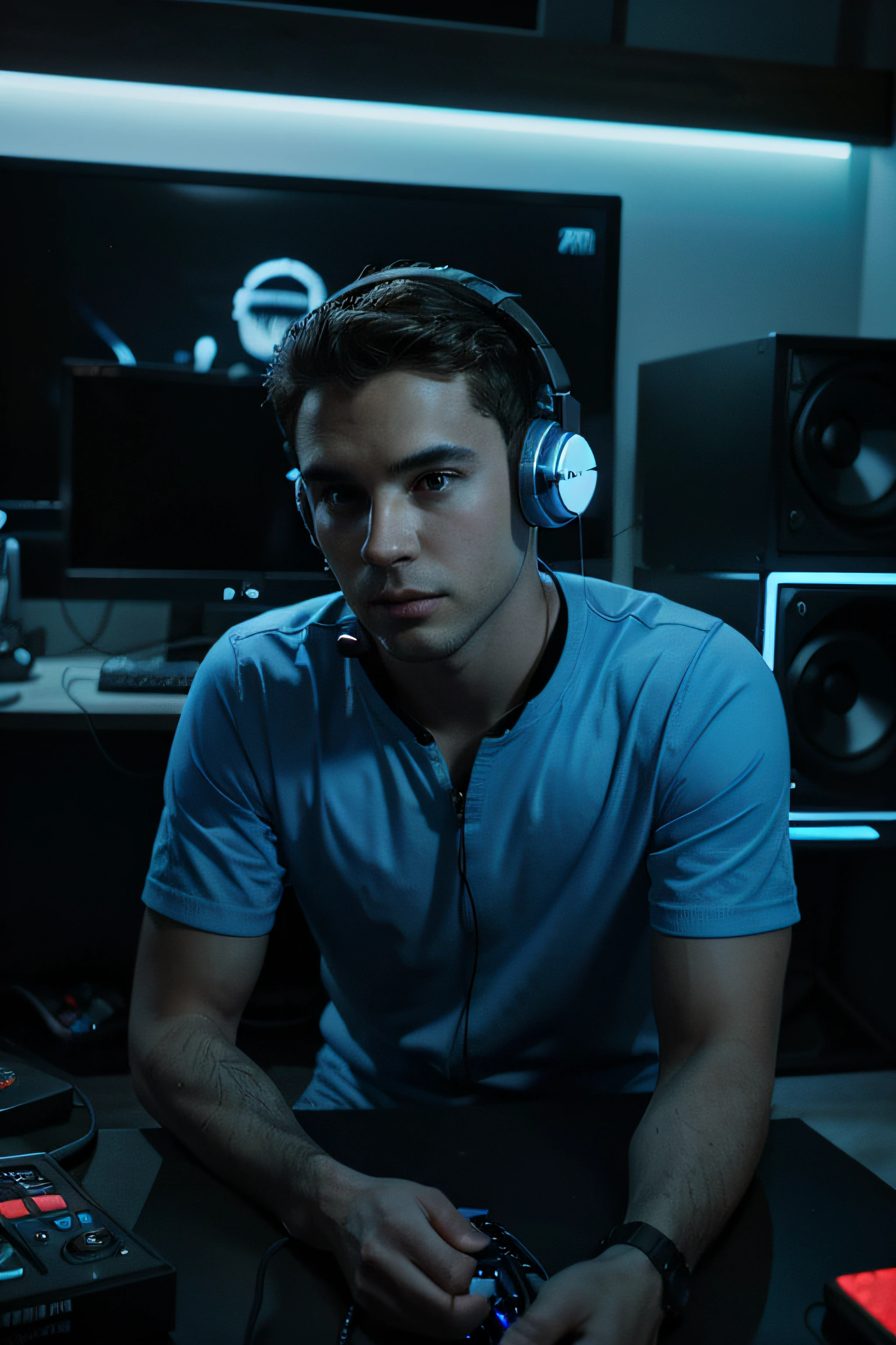 man raw high resolution graphic designer, na frente do computador com fones de ouvido, no fundo luzes LED azuis, parecendo uma sala de gamer