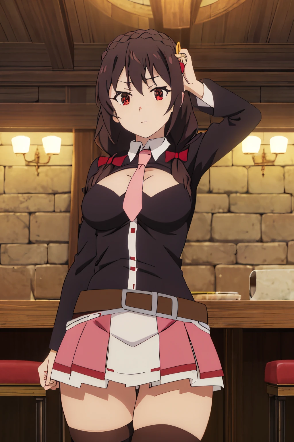 (masterpiece, Highest quality), One girl, Yunyun,Long Hair,Braiding,Twin tails,Hair between the eyes,Red hair ribbon,hair ornaments,large round breasts,、Pink Skirt、Black Hair、Red Eyes、(Happy Face:1.2)、Crown Blade,Black Shirt, Long sleeve,Pink tie, belt, Cleavage cutout、cowboy shot、(blush:1.ung face、(sitting in a cafe eating cookies)
