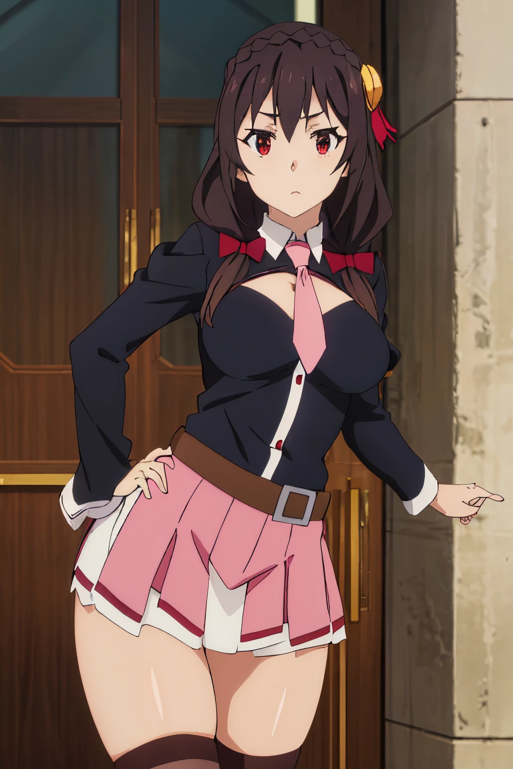 masterpiece, best quality, high resolution, yunyun1, 1 girl, red eyes, solo, thigh high, tie, skirt, braid, long hair, pink tie, big breasts, medium waist, wide hips, wide thighs, belt, ornament hair accessories, black hair, hair bow, braided crown, long sleeves, brown hair, twintails, cowboy shot,