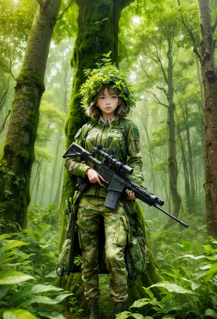 middle,(a girl made of fresh,Holding a sniper rifle made of plants and aiming at the target,Sniper rifle made from green plants,Camouflage uniform covered with plants,plant high heels,Plant hair,plant camouflage uniform),blossoms,age-old tree,ln the forest,(globalillumination、Ray traching、HDR、Unrealistic rendering、Rational design、tmasterpiece、best qualtiy、hyper HD、cinmatic lighting)