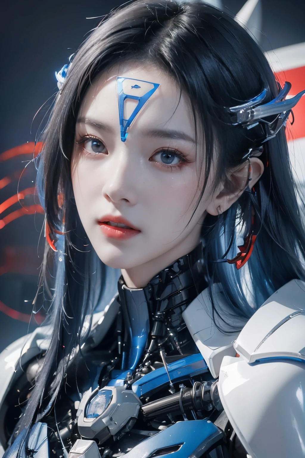 tmasterpiece,Best quality at best,A high resolution,8K,(portrait),(Close up of avatar),(RAW photogr),real photograph,digital photography,(cyberpunk queen),20岁女孩,long whitr hair,By bangs,(Black and blue gradient hair),(Red eyes),Devil Eyes,Serious and charming,Hollow mechanical body,Blue glowing electronic components,Red wires and tubes connect the body,Complex golden electronic texture,Weird technology symbols,red triangle forehead symbol,Keep your mouth shut,(Mechanical Woman),Photo pose,cyber punk perssonage,Future Style,gray world background,oc render reflection texture