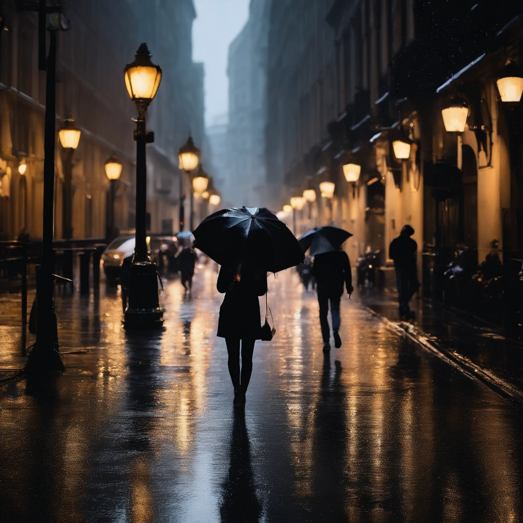 (best quality,realistic,highres:1.2),ultra-detailed,portrait,black clothes,walking in the rain,cityscape,raindrops on clothes,reflecting lights on wet pavement,umbrella,sparkling rain,striking eyes,moody atmosphere,intense gaze,glistening wet hair,falling droplets,blurry background lights,dramatic shadows,vivid colors,stormy weather,dark clouds,cool tones,glowing streetlights,city in early morning,loneliness,serene mood,urban setting,streets slick with rain,reflection in puddles,silhouette,subtle steam rising from the ground,quiet streets,colored umbrellas,streets illuminated by shop lights,moisture in the air,heavy raindrops.