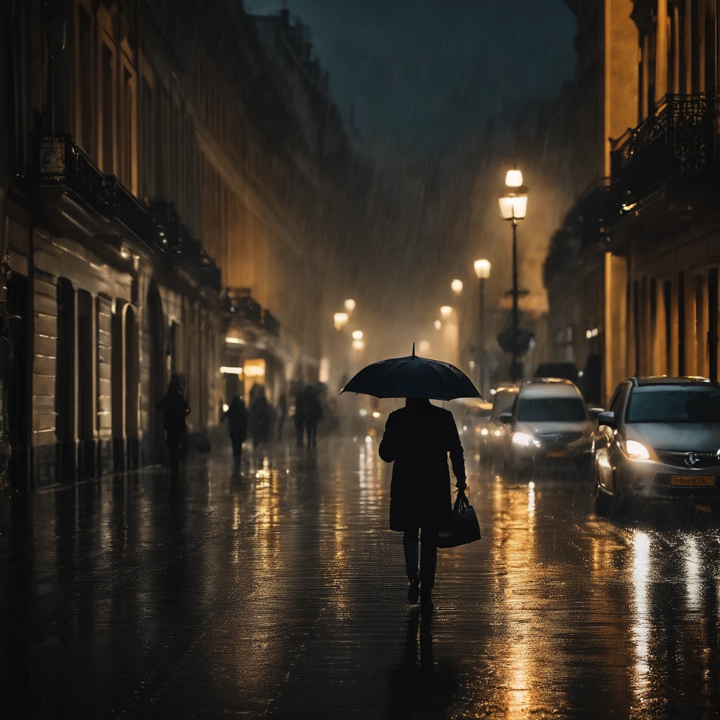 (best quality,realistic,highres:1.2),ultra-detailed,portrait,black clothes,walking in the rain,cityscape,raindrops on clothes,reflecting lights on wet pavement,umbrella,sparkling rain,striking eyes,moody atmosphere,intense gaze,glistening wet hair,falling droplets,blurry background lights,dramatic shadows,vivid colors,stormy weather,dark clouds,cool tones,glowing streetlights,city in early morning,loneliness,serene mood,urban setting,streets slick with rain,reflection in puddles,silhouette,subtle steam rising from the ground,quiet streets,colored umbrellas,streets illuminated by shop lights,moisture in the air,heavy raindrops.