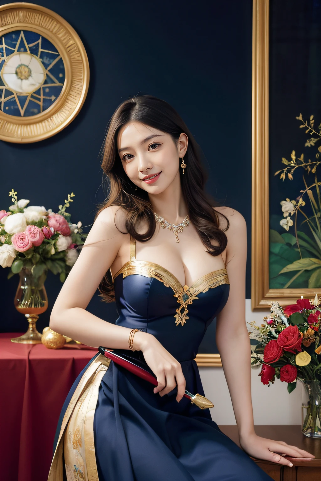 Geometry,stain glass,12 zodiac signs,Vigée Leblanc style,Math、Astronomical utensils,astronault,Roses in a vase,fruits,cute little,A smile,Ancient Greek costumes,Paintings by Sandro Botticelli,Costume with stretched shoulders,huge smile,large full breasts,Ecstasy expression,A sexy,Beautiful bare skin