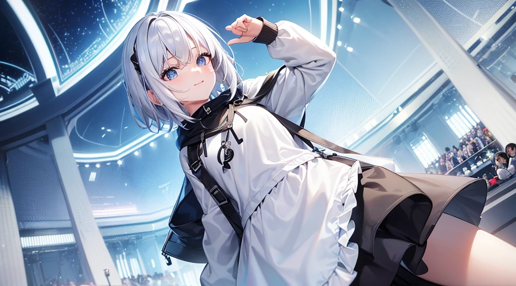 Ultra-high image quality,Look at viewers, hands behind back, girl with, 20 years old, Very short hair, long bangs between eyes, pale blue eyes, Hoodie, Skirt , Blue sky, Sunlight, Extremely detailed,(masterpiece、top-quality)、独奏、White hair、A smile、White skin as clear as snow、Fantastical, Silver hair, Black eyes, Beautiful eyes,, Ecstasy, charmed, be smitten with audience, Hoodie, White hoodie,a black skirt,Hair is short,Blue sky , Sunlight,fantastic landscape,from below looking up